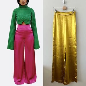 Hanifa-Golden Yellow Satin High Rise Wide Leg Long Trousers (Size:XS)